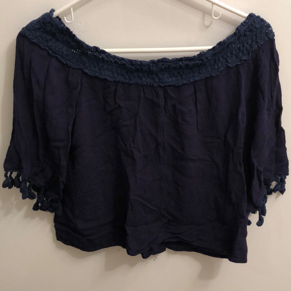 Blue off the shoulder cropped shirt